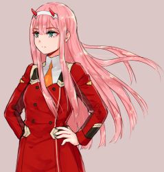 Rule 34 | 1girl, breasts, darling in the franxx, green eyes, hairband, hand on own hip, highres, horns, long hair, medium breasts, military, military uniform, nemuaki, oni horns, pink hair, red horns, solo, uniform, white hairband, zero two (darling in the franxx)