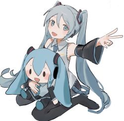 Rule 34 | 1girl, aqua eyes, aqua hair, aqua necktie, bare shoulders, black sleeves, black thighhighs, character doll, commentary, detached sleeves, doll, grey shirt, hand up, hatsune miku, headset, highres, holding, holding doll, long hair, looking at viewer, necktie, open mouth, outstretched arm, pleated skirt, san-shikaku, shirt, simple background, sitting, skirt, sleeveless, sleeveless shirt, solo, thighhighs, twintails, v, very long hair, vocaloid
