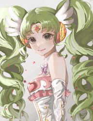 Rule 34 | 1girl, absurdres, bare shoulders, blurry, bow, closed mouth, colored eyelashes, detached collar, drill hair, eyelashes, falulu, forehead jewel, frills, from side, green hair, grey background, grey eyes, hair ornament, heart, highres, lips, long hair, looking at viewer, mxmn7837, parted bangs, petals, pretty series, pripara, purple bow, shiny lips, sidelocks, simple background, smile, solo, twintails, very long hair, wing hair ornament