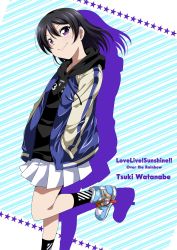 Rule 34 | 1girl, black hair, black legwear, blue footwear, character name, commentary request, copyright name, english text, hands in pockets, highres, hood, hooded jacket, inui sekihiko, jacket, looking at viewer, love live!, love live! sunshine!!, love live! sunshine!! the school idol movie over the rainbow, miniskirt, purple eyes, short hair, sidelocks, skirt, solo, spoilers, star (symbol), starry background, striped, striped background, watanabe tsuki