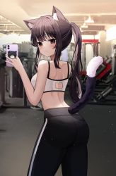 Rule 34 | 1girl, :3, absurdres, animal ear fluff, animal ears, arched back, ass, back, back cutout, bare arms, bare shoulders, black eyes, black hair, black pants, breasts, cat cutout, cat ears, cat girl, cat tail, clothing cutout, cowboy shot, crop top, from behind, gym, highres, long hair, looking at viewer, looking back, medium breasts, midriff, nannung, original, pants, pantylines, ponytail, sleeveless, smile, solo, spaghetti strap, sports bra, standing, tail, tail raised, yoga pants