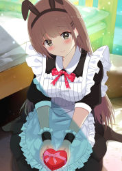 Rule 34 | 1girl, 7 calpis 7, animal ears, apron, bed, black hairband, black pantyhose, blush, bow, box, brown eyes, brown hair, closed mouth, collared dress, commentary request, dress, fake animal ears, frilled apron, frills, gift, gift box, hair ornament, hairband, hairclip, head tilt, heart-shaped box, highres, holding, holding gift, indoors, long hair, maid, maid apron, no shoes, original, pantyhose, pillow, polka dot, polka dot bow, rabbit ears, red bow, sitting, smile, solo, valentine, very long hair, wariza, white apron, wrist cuffs