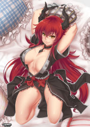 Rule 34 | 1girl, airomed, arms behind head, arms up, artist name, bad id, bad pixiv id, bare legs, black dress, borrowed character, breasts, center opening, choker, cleavage, closed mouth, collarbone, curvy, dress, eyebrows, eyelashes, frilled pillow, frills, full body, fur, gauntlets, groin, hair between eyes, highres, horns, jewelry, kneeling, large breasts, long hair, looking at viewer, necklace, on bed, original, pendant, pillow, plaid, red hair, sash, shiny skin, short sleeves, smile, smirk, solo, stormcow, thighs, very long hair, wide hips, yellow eyes
