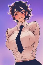 Rule 34 | 1girl, absurdres, arms behind back, blush, breasts, highres, large breasts, long sleeves, mole, mole under eye, necktie, original, pixel art, shirt, shirt tucked in, short hair, simple background, smile, spoiledmuffin, tomboy, white shirt