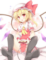 Rule 34 | 1girl, aibumi, ascot, bad id, bad pixiv id, black thighhighs, blonde hair, blush, controller, crystal, famicom, flandre scarlet, game console, hat, highres, open mouth, pen-zin, red eyes, short hair, short sleeves, side ponytail, sitting, skirt, smile, solo, thighhighs, touhou, wings