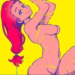 Rule 34 | 1girl, akairiot, blending, blue eyes, breasts, completely nude, highres, limited palette, long hair, looking at viewer, low-tied long hair, medium breasts, mole, mole under eye, navel, nude, original, parted lips, red hair, shadow, simple background, skindentation, smile, solo, yellow background