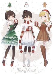 Rule 34 | 3girls, alternate costume, black hair, black pantyhose, blunt bangs, boots, bowler hat, box, braid, brown eyes, brown gloves, brown thighhighs, candy, candy cane, christmas tree, cross-laced footwear, double bun, dress, elbow gloves, folded ponytail, food, full body, fur-trimmed thighhighs, fur trim, gift, gift box, gingerbread man, gloves, green dress, hair bun, hat, kantai collection, kasuga maru (kancolle), lace-up boots, long hair, looking at viewer, merry christmas, mini hat, mittens, multiple girls, pantyhose, red mittens, santa hat, scarf, shin&#039;you (kancolle), snowman, strapless, strapless dress, striped clothes, striped scarf, taiyou (kancolle), thighhighs, twin braids, white dress, white footwear, yamashichi (mtseven), yawata maru (kancolle)