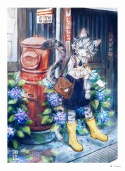 Rule 34 | 1girl, animal ears, ascot, bag, black ascot, black shorts, blue choker, blue eyes, blue footwear, body fur, boots, border, cat ears, cat girl, cat tail, choker, commentary request, envelope, flower, frilled shirt, frills, full body, furry, furry female, grey hair, highres, holding, holding envelope, leaf, long sleeves, looking at viewer, multicolored hair, open mouth, original, outdoors, postbox (outgoing mail), purple flower, rain, rubber boots, scenery, shirt, short hair, shorts, shoulder bag, signature, smile, solo, standing, streaked hair, suspender shorts, suspenders, tail, tonan (l0l0l0l0l0l), two-tone hair, white border, white fur, white shirt