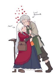 Rule 34 | 1boy, 1girl, aged up, boots, cane, closed eyes, english text, glasses, grey hair, heart, highres, link, mims (mimimon), nintendo, old, old man, old woman, princess zelda, simple background, smile, the legend of zelda, the legend of zelda: skyward sword, white hair