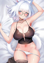 Rule 34 | 1girl, absurdres, animal ears, armpits, bare shoulders, black camisole, black choker, black skirt, blue eyes, breasts, camisole, cat ears, cat girl, cat tail, choker, cleavage, crop top, facial mark, final fantasy, final fantasy xiv, glasses, highres, large breasts, looking at viewer, lying, miqo&#039;te, navel, on back, paid reward available, panties, pleated skirt, round eyewear, shhilee, short hair, skirt, skirt around one leg, smile, solo, stomach, tail, underwear, warrior of light (ff14), whisker markings, white hair, white panties