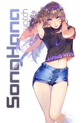 Rule 34 | alternate eye color, arms behind head, bad id, bad pixiv id, bare legs, black shirt, blue shorts, breasts, brown eyes, brown hair, casual, character name, closed mouth, clothes writing, collarbone, copyright name, cowboy shot, d.va (overwatch), denim, denim shorts, facepaint, facial mark, hands up, jewelry, kistina, knees together feet apart, long hair, looking at viewer, midriff, navel, necklace, overwatch, overwatch 1, pink lips, purple eyes, shirt, short shorts, short sleeves, shorts, simple background, smile, solo, thigh gap, whisker markings, white background