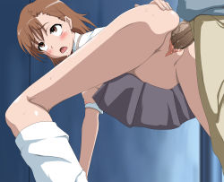 Rule 34 | 1girl, ahegao, all fours, blush, breasts, brown eyes, brown hair, circle anco, clitoris, clothed sex, highres, misaka mikoto, nipples, no bra, no panties, open mouth, penis, pleated skirt, pussy, rolling eyes, saliva, school uniform, sex, short hair, skirt, socks, sweat, tears, toaru majutsu no index, uncensored, vaginal