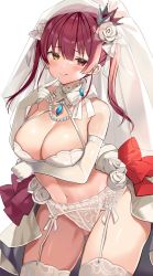 Rule 34 | 1girl, arm under breasts, bare shoulders, blush, bow, bra, breast hold, breasts, breasts apart, bridal veil, cleavage, crown, elbow gloves, eyepatch, unworn eyepatch, flower, garter straps, gloves, hair bow, hair flower, hair ornament, heterochromia, highres, hololive, houshou marine, jewelry, large breasts, lingerie, long hair, looking at viewer, mini crown, navel, panties, red eyes, red hair, satoupote, solo, thighhighs, tongue, tongue out, twintails, underwear, veil, virtual youtuber, white background, white bow, white bra, white flower, white gloves, white panties, white thighhighs, yellow eyes