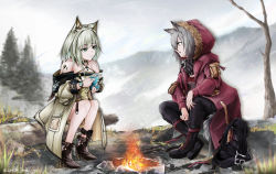 Rule 34 | 2girls, :d, animal ear fluff, animal ears, arknights, bad id, bad pixiv id, bag, bare shoulders, bare tree, black choker, black footwear, black pants, boots, campfire, choker, cloud, cloudy sky, commentary request, criss-cross halter, cross-laced footwear, cup, fire, from side, fur-trimmed jacket, fur trim, grass, green eyes, grey hair, grey jacket, halterneck, high heel boots, high heels, hood, hooded jacket, jacket, jewelry, kal&#039;tsit (arknights), lace-up boots, lantern, long sleeves, looking at another, material growth, multiple girls, off-shoulder jacket, off shoulder, open mouth, oripathy lesion (arknights), outdoors, pants, profile, projekt red (arknights), red jacket, rhodes island logo (arknights), ring, short hair, sitting, sky, smile, steam, tail, tree, watch, wolf ears, wolf tail, wristwatch, yellow eyes, yokaze (yokajie)