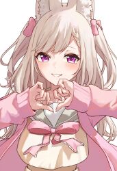 Rule 34 | 1girl, animal ear fluff, animal ears, animare, blush, bow, bowtie, braid, cardigan, commentary request, fox ears, grey sailor collar, grin, hair bow, heart, heart hands, highres, long hair, long sleeves, looking at viewer, medium bangs, namae (dkdkpkon75), nanashi inc., open cardigan, open clothes, pink bow, pink bowtie, pink cardigan, pink eyes, sailor collar, shiromiya mimi, shirt, simple background, smile, solo, upper body, virtual youtuber, white background, white shirt