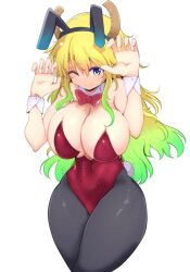 Rule 34 | 1girl, blonde hair, breasts, cleavage, cool-kyou shinja, curvy, dragon girl, dragon horns, gradient hair, green hair, highres, horns, huge breasts, large breasts, leotard, long hair, looking at viewer, lucoa (maidragon), multicolored hair, playboy bunny, rabbit tail, smile, solo, thick thighs, thighs, wide hips, yellow eyes
