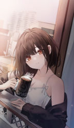 Rule 34 | 1girl, absurdres, bare shoulders, black jacket, brown eyes, brown hair, closed mouth, commentary request, cup, dress, fu u03, hair between eyes, head tilt, highres, holding, holding cup, jacket, long sleeves, looking at viewer, mug, off shoulder, open clothes, open jacket, original, puffy long sleeves, puffy sleeves, railing, sleeveless, sleeveless dress, sleeves past wrists, smile, solo, white dress, window