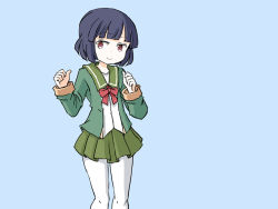 Rule 34 | 1girl, black hair, commentary, commentary request, cowboy shot, english commentary, green background, green jacket, green sailor collar, green skirt, ishigaki (kancolle), jacket, kantai collection, long sleeves, neck ribbon, one-hour drawing challenge, pantyhose, pleated skirt, red eyes, ribbon, sailor collar, school uniform, serafuku, short hair, simple background, sixten, skirt, smile, solo, standing, white pantyhose