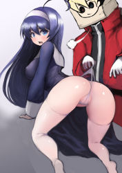 Rule 34 | 1boy, 1girl, ahoge, all fours, ass, bag, bag over head, blue eyes, blue hair, breasts, cameltoe, cleft of venus, covered erect nipples, dark blue hair, from behind, gloves, hair between eyes, hairband, heterochromia, highres, huge ahoge, johan (johan13), kido hyde, long hair, long sleeves, looking at viewer, looking back, medium breasts, no shoes, open mouth, orie ballardiae harada, panties, panty pull, paper bag, pulling another&#039;s clothes, ragna the bloodedge, redrawn, shiny clothes, shiny skin, thighhighs, thighs, under night in-birth, underwear, very long hair, wedgie, white gloves, white hairband, white panties, white thighhighs