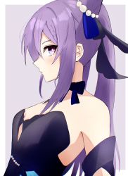 Rule 34 | 1girl, absurdres, bare shoulders, black dress, blue dress, blush, bow, bowtie, braid, dress, from side, genshin impact, highres, keqing (genshin impact), keqing (opulent splendor) (genshin impact), looking at viewer, multicolored clothes, multicolored dress, official alternate costume, resolution mismatch, solo, source larger, upper body, yun (kbdenz9)