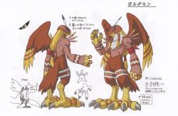 Rule 34 | beak, character name, character sheet, claws, digimoji, digimon, digimon (creature), digimon adventure, full body, garudamon, highres, looking at viewer, multiple views, muscular, official art, scan, simple background, size comparison, size difference, solo, toei animation, translation request, wings