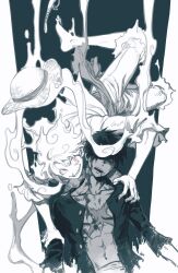Rule 34 | 1boy, blood, blood on face, closed eyes, commentary, dual persona, floating, frilled sleeves, frills, greyscale, hagoromo, hat, highres, male focus, monkey d. luffy, monochrome, one piece, open clothes, open mouth, open shirt, red eyes, sandals, sash, scar, scar on chest, scar on face, shawl, short hair, shorts, smile, spot color, straw hat, tkr (lovedelic99)