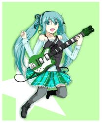 Rule 34 | 1girl, aqua eyes, aqua hair, bad id, bad pixiv id, bare shoulders, casual, fang, female focus, guitar, hatsune miku, instrument, long hair, looking at viewer, open mouth, plaid, plaid skirt, skirt, smile, solo, squama, thighhighs, twintails, vocaloid