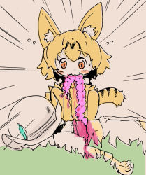 Rule 34 | 2girls, :3, animal ear fluff, animal ears, artist request, bare shoulders, blood, blush stickers, brown eyes, death, dot nose, elbow gloves, emphasis lines, flying sweatdrops, gloves, grass, guro, hat, hat feather, helmet, intestines, kaban (kemono friends), kemono friends, looking at viewer, lying, multiple girls, muted color, on back, orange gloves, orange hair, orange legwear, outdoors, pink blood, pith helmet, serval (kemono friends), serval tail, shirt, short hair, short sleeves, shorts, squatting, striped tail, sweat, tail, tareme