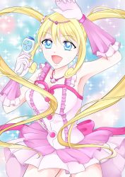 Rule 34 | 1girl, absurdres, blonde hair, blue eyes, bra, dress, flower, hair between eyes, hair flower, hair ornament, highres, idol, jewelry, long hair, looking at viewer, mermaid melody pichi pichi pitch, microphone, nanami lucia, necklace, pink bra, pink dress, ponytail, shell, shell necklace, smiley face, underwear