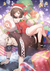 Rule 34 | 1boy, 1girl, :d, arm up, bare shoulders, bell, blurry, blurry foreground, boots, brown eyes, brown footwear, brown hair, candy, candy cane, christmas, christmas ornaments, christmas tree, covered navel, creatures (company), crossed legs, elbow gloves, eye contact, food, game freak, gift, gloves, guzma (pokemon), jacket, looking at another, nintendo, open mouth, pants, poke ball symbol, pokemon, pokemon sm, red gloves, sack, santa costume, selene (pokemon), sitting, sitting on person, smile, sweat, team skull, track jacket, track pants, white hair, wristband, zuizi
