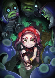 Rule 34 | 1girl, agent 8 (splatoon), bare shoulders, boots, bracelet, breasts, character request, clenched teeth, commentary request, fingerless gloves, gloves, green eyes, gun, highres, holding, holding gun, holding weapon, jewelry, kousaku, legs apart, looking at viewer, medium breasts, nintendo, octoling, octoling girl, octoling player character, paint gun, pointy ears, red hair, slime (substance), splatoon (series), splatoon 2, standing, sweatdrop, teeth, tentacle hair, weapon, wide-eyed, you gonna get raped