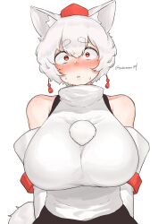 Rule 34 | 1girl, absurdres, animal ears, bare shoulders, black skirt, blush, breasts, commentary request, cowboy shot, detached sleeves, embarrassed, hair between eyes, hat, highres, huge breasts, impossible clothes, impossible shirt, inubashiri momiji, long bangs, looking at viewer, nose blush, open mouth, pom pom (clothes), red eyes, red hat, shirt, short hair, simple background, skirt, sleeveless, sleeveless shirt, solo, tail, take (take143000), thick eyebrows, tokin hat, touhou, turtleneck, twitter username, white background, white hair, white shirt, white sleeves, wolf ears, wolf girl, wolf tail
