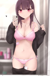 Rule 34 | 1girl, bandaid, bare shoulders, black jacket, black nails, blurry, bra, breasts, brown hair, cleavage, closed mouth, collarbone, cowboy shot, depth of field, earrings, gluteal fold, groin, hair ornament, hairclip, hands up, highres, holding, jacket, jewelry, kanju, large breasts, long hair, long sleeves, looking at viewer, mirror, mole, mole on breast, nail polish, navel, necklace, off shoulder, open clothes, open jacket, original, panties, phone, pink bra, pink eyes, pink panties, reflection, ring, side-tie panties, solo, standing, stomach, thighs, underwear