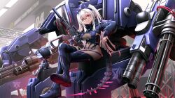 Rule 34 | 1girl, black nails, blush, bodysuit, breasts, covered navel, cropped hoodie, grey bodysuit, grey hair, gun, highres, holding, holding gun, holding weapon, hood, hoodie, horns, humanoid robot, impossible bodysuit, impossible clothes, indie virtual youtuber, large breasts, long hair, long sleeves, looking at viewer, mechanical horns, mechanical tail, mochi (chain csn), nail polish, non-humanoid robot, red eyes, robot, robot animal, robot dog, saruei (vtuber), scar, scar across eye, sitting, smile, tail, twintails, virtual youtuber, weapon