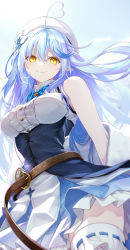 Rule 34 | 1girl, absurdres, ahoge, belt, beret, blouse, blue background, blue bow, blue bowtie, blue hair, blue skirt, blurry, bow, bowtie, breasts, brown belt, closed mouth, coat, commentary, corset, cowboy shot, depth of field, fenrir (fenlil0316), floating hair, flower, hair between eyes, hair flower, hair ornament, half updo, hat, heart, heart ahoge, highres, hololive, light blue hair, long hair, looking at viewer, medium breasts, miniskirt, multicolored hair, off shoulder, open clothes, open coat, plaid, plaid bow, plaid bowtie, pointy ears, shirt, simple background, skirt, smile, snowflake print, solo, star (symbol), streaked hair, thighhighs, thighs, two-tone hair, underbust, virtual youtuber, white background, white hat, white shirt, white thighhighs, wind, yellow eyes, yukihana lamy