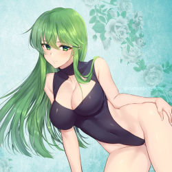 Rule 34 | 1girl, alternate costume, awayuki ramika, black one-piece swimsuit, blush, breasts, cleavage, cleavage cutout, closed mouth, clothing cutout, commentary, covered navel, cowboy shot, fire emblem, fire emblem: new mystery of the emblem, fire emblem: shadow dragon, floral background, flower, green eyes, green hair, hair between eyes, hair over shoulder, large breasts, long hair, looking at viewer, nintendo, one-piece swimsuit, palla (fire emblem), sidelocks, skin tight, smile, solo, straight hair, swimsuit, thighs, twitter username
