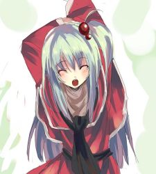 Rule 34 | 1girl, ^ ^, ahoge, arms up, black neckerchief, blush, capelet, closed eyes, dress, facing viewer, female focus, green hair, hair between eyes, hair bobbles, hair ornament, long hair, long sleeves, mystic square, neckerchief, open mouth, outstretched arm, red dress, shinki (touhou), side ponytail, sketch, solo, stretching, tears, touhou, touhou (pc-98), upper body, yawning