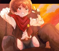 Rule 34 | 1boy, belt, brown hair, child, cloud, cloudy sky, commentary request, commission, cowboy, cowboy hat, cowboy western, fate/grand order, fate (series), fingerless gloves, fujimaru ritsuka (male), gloves, hat, highres, looking at viewer, male focus, mountainous horizon, orange sky, satoe, short hair, sitting, skeb commission, sky, smile, solo, teeth, western