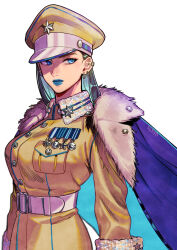 Rule 34 | 1girl, arms at sides, belt, blue cape, blue eyes, blue hair, blue lips, breasts, cape, closed mouth, earclip, earrings, from side, fur-trimmed cape, fur trim, hair behind ear, hat, hat ornament, heart, highres, jacket, jewelry, large breasts, lipstick, long sleeves, looking at viewer, makeup, medal, military uniform, okada (hoooojicha), original, peaked cap, sideways glance, solo, star (symbol), star hat ornament, straight hair, uniform, upper body, yellow hat, yellow jacket