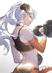 Rule 34 | 1girl, alternate costume, arknights, bare shoulders, butt crack, choker, clenched hand, detached sleeves, dumbbell, earrings, exercising, from behind, highres, horns, jewelry, long hair, looking at viewer, open mouth, ponytail, profile, red eyes, saria (arknights), solo, spade-m, sports bra, stud earrings, sweat, tail, toned, upper body, weightlifting, white hair