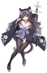 Rule 34 | 1girl, :3, alic miao, animal ear fluff, animal ears, arashio (azur lane), azur lane, bell, black hair, black pantyhose, blue skirt, blush, bow, breasts, cat ears, cat tail, cleavage, closed mouth, full body, hair bow, large breasts, long hair, looking at viewer, multicolored hair, official art, pantyhose, purple bow, skirt, smile, solo, straight-on, tail, transparent background, two-tone hair, white hair