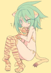 Rule 34 | 1girl, animal ears, animal hands, animal print, bad id, bad pixiv id, blade (galaxist), cat ears, cat paws, cat tail, cham cham, cleaning, gloves, green eyes, green hair, licking, paw gloves, paw shoes, samurai spirits, shoes, tail, tiger print