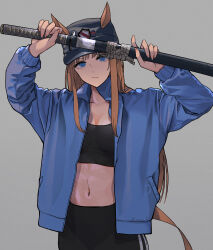 Rule 34 | 1girl, absurdres, animal ears, black pants, black shirt, blue eyes, blue jacket, brown hair, commentary request, crop top, grass wonder (umamusume), grey background, grey headwear, hands up, highres, holding, holding sword, holding weapon, horse ears, jacket, katana, long hair, looking at viewer, midriff, navel, open clothes, open jacket, oshiri seijin, pants, scabbard, sheath, shirt, simple background, solo, stomach, sword, umamusume, unsheathing, upper body, very long hair, weapon