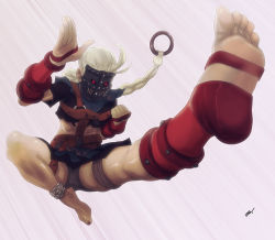 Rule 34 | 1girl, alternate costume, asymmetrical clothes, barefoot, capcom, decapre, feet, fingerless gloves, flying kick, foreshortening, gloves, harness, kicking, long hair, man in the iron mask, mask, nail polish, pteruges, red eyes, scamwich, soles, solo, street fighter, street fighter iv (series), toenail polish, toenails, toes
