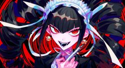 Rule 34 | 1girl, black background, black hair, black jacket, black nails, blunt bangs, bonnet, celestia ludenberg, center frills, claw ring, collared shirt, commentary request, danganronpa: trigger happy havoc, danganronpa (series), drill hair, fangs, frills, gothic lolita, hair ornament, hairband, headdress, highres, himanemuitoma, jacket, lolita fashion, long fingers, long hair, looking at viewer, nail polish, neck ribbon, official style, open clothes, open jacket, open mouth, red background, red eyes, ribbon, shirt, smile, solo, twin drills, twintails, white shirt