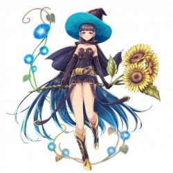 Rule 34 | 1girl, belt, black cape, black hair, blue hair, cape, flower, hat, kyara36, long hair, looking at viewer, multicolored hair, original, short cape, solo, staff, sunflower, witch, witch hat
