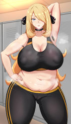 Rule 34 | 1girl, arm behind head, arm up, armpit hair, armpits, bare shoulders, black bra, black pants, blonde hair, blue eyes, bra, breasts, cameltoe, choker, cleavage, cleft of venus, collarbone, covered erect nipples, creatures (company), cynthia (pokemon), fat, female focus, game freak, hair ornament, hair over one eye, hand on own hip, highres, huge breasts, indoors, large breasts, lips, locker, locker room, long hair, looking at viewer, navel, nintendo, pants, parted lips, plump, pokemon, pokemon dppt, shiny skin, smile, solo, sports bra, standing, steam, steaming body, stomach, sweat, track pants, underwear, very long hair, wlcmt