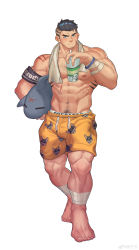 Rule 34 | 1boy, abs, absurdres, animal print, arm hair, bara, beard, blue eyes, blush, bulge, chest hair, cup, dog print, drinking straw, facial hair, facial scar, full body, gou mangwu, highres, holding, holding cup, holding stuffed toy, large pectorals, leg hair, looking at viewer, male focus, male swimwear, male underwear, male underwear peek, mature male, muscular, muscular male, navel, navel hair, nipples, original, pectorals, print male swimwear, scar, scar on cheek, scar on face, shark, short hair, sideburns, solo, stomach, stubble, stuffed toy, swim trunks, thick eyebrows, thick thighs, thighs, topless male, towel, towel around neck, undercut, underwear, walking, weibo logo, weibo watermark, white male underwear, yellow male swimwear