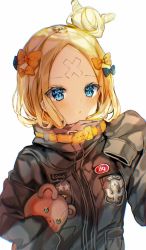 Rule 34 | 1girl, :o, abigail williams (fate), abigail williams (traveling outfit) (fate), backlighting, bad id, bad pixiv id, bandaid, bandaid on face, bandaid on forehead, black bow, black jacket, blonde hair, blue eyes, blush, bow, chromatic aberration, fate/grand order, fate (series), hair bow, hair bun, hand up, highres, jacket, long hair, long sleeves, looking at viewer, hugging object, official alternate costume, orange bow, parted bangs, parted lips, polka dot, polka dot bow, ptmko d, simple background, single hair bun, sleeves past fingers, sleeves past wrists, solo, stuffed animal, stuffed toy, teddy bear, upper body, white background