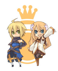 Rule 34 | 00s, 1boy, 1girl, :&gt;, :d, ahoge, arms behind back, belt, black pants, black pantyhose, blonde hair, blue eyes, boots, brown footwear, brown skirt, chibi, crown, detached sleeves, emil castagnier, fang, flower, full body, gloves, green eyes, hair between eyes, hair flower, hair ornament, knee boots, leg up, long hair, long sleeves, looking at viewer, marta lualdi, open mouth, orange hair, pants, pantyhose, skirt, sleeveless, smile, source request, standing, standing on one leg, tales of (series), tales of symphonia, tales of symphonia: dawn of the new world, tareme, two-tone background, very long hair, vest, white gloves, white vest, yuzuma (321353)